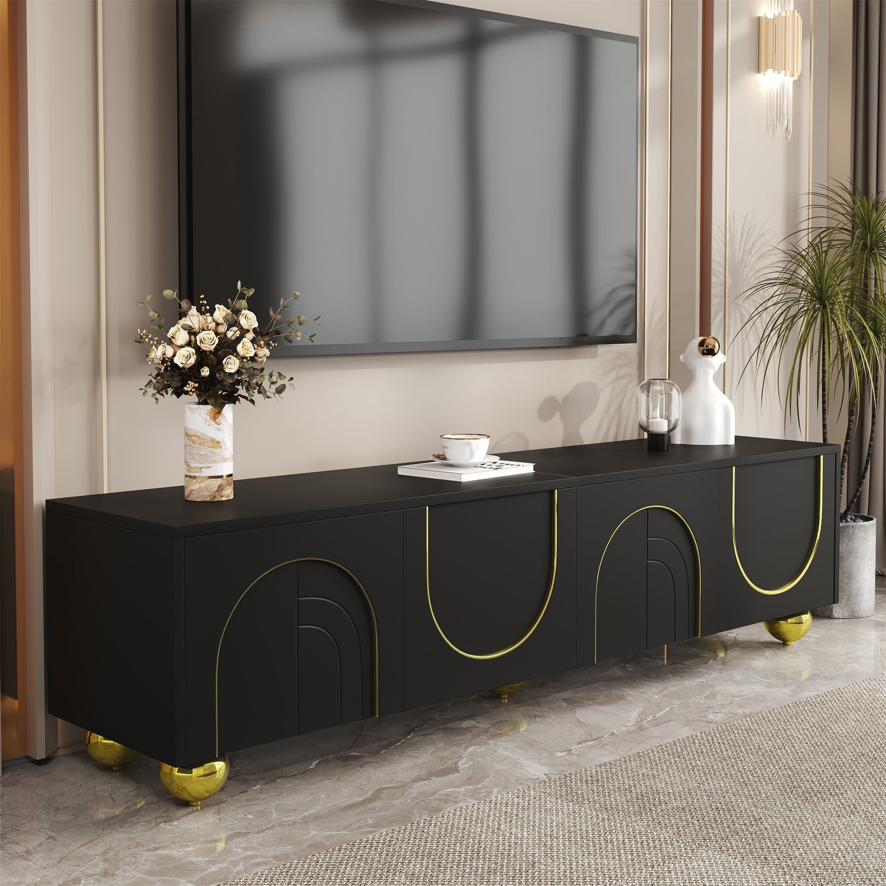 TV Cabinet Lowboard Textured Doors Shelves Push-to-Open - Gold Accents