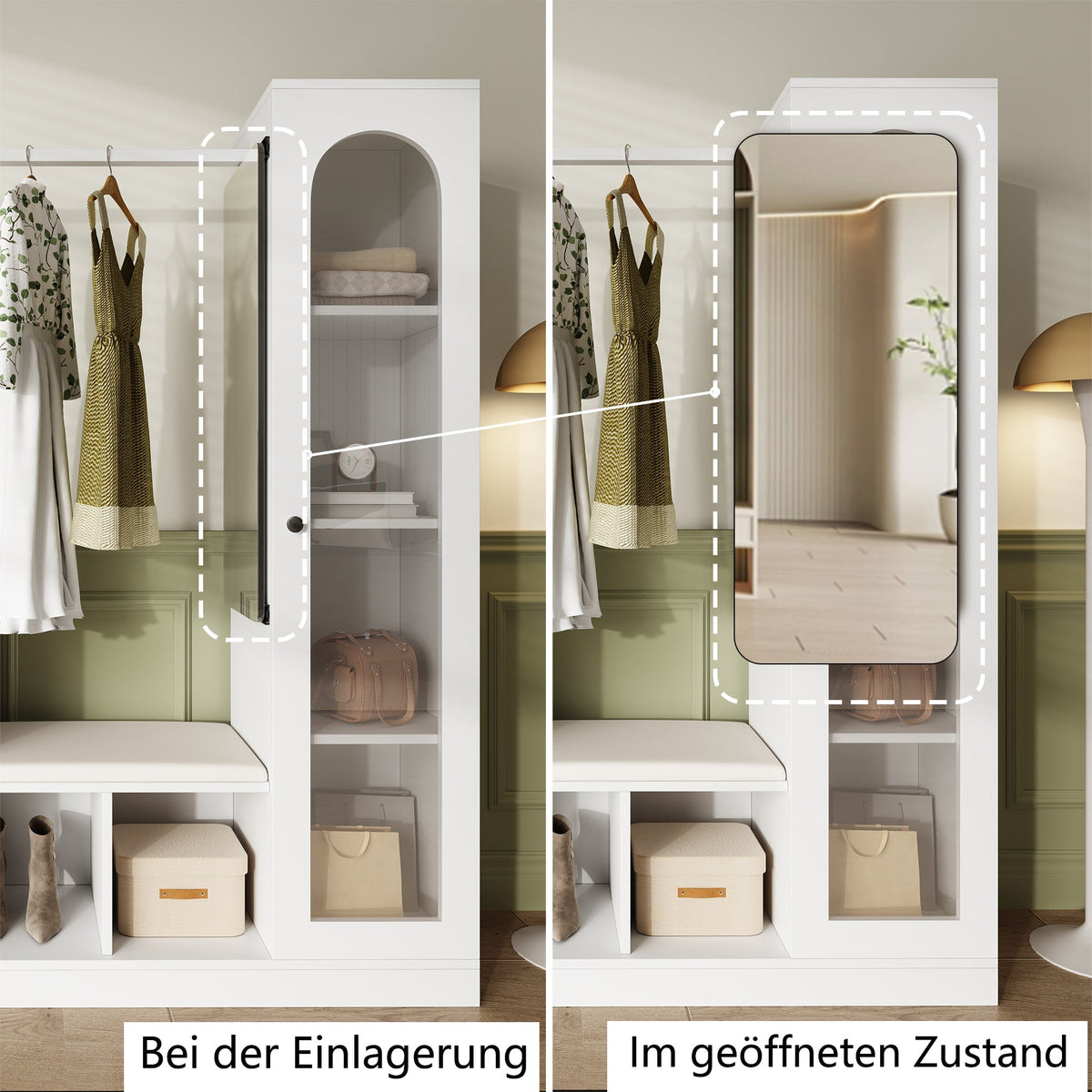 Entrance Combination, 6-in-1 Wardrobe Set, Dressing Table, Shoe Bench, Shoe Cabinet, Display Case with Color-Changing LED Light