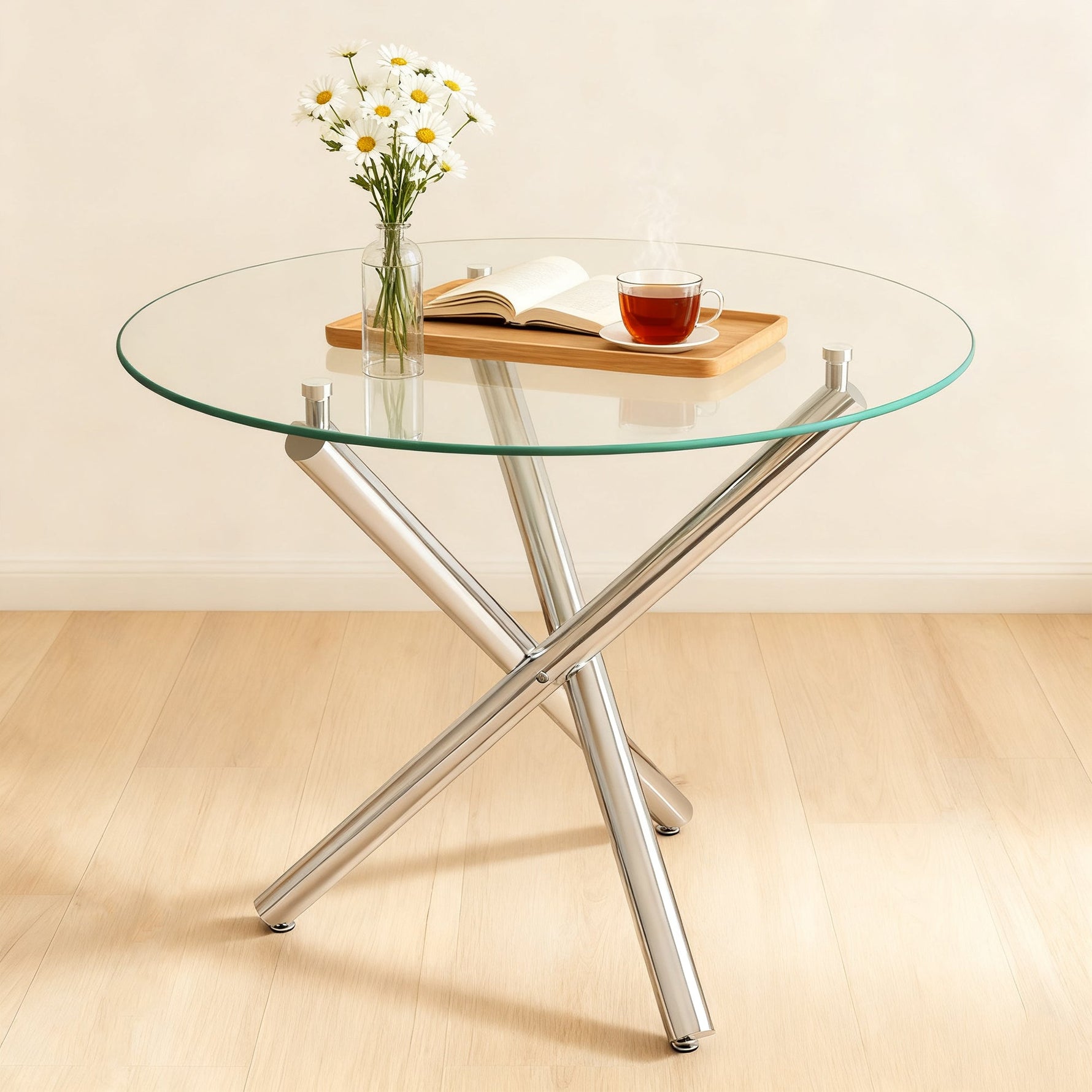 Round Dining Table 80x80x76cm Tempered Glass Metal Legs