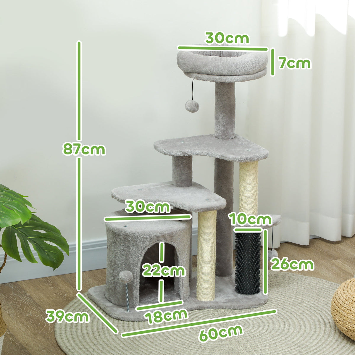 Cat Tree 87 cm, Cave Bed Scratching Post, Light Grey