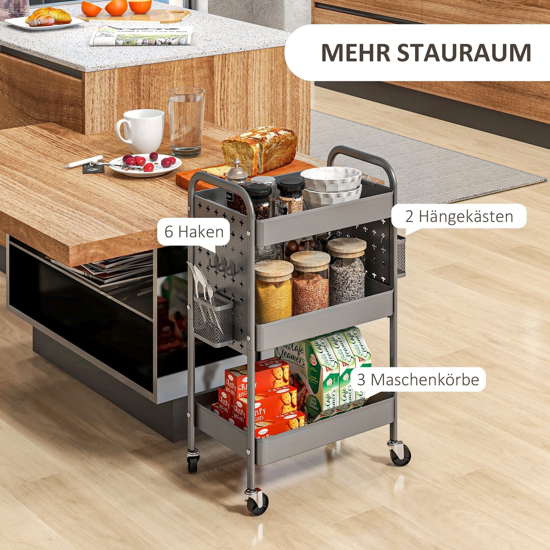 Rolling Serving Cart, 3 Tiers, 2 Baskets, Steel, Dark Grey