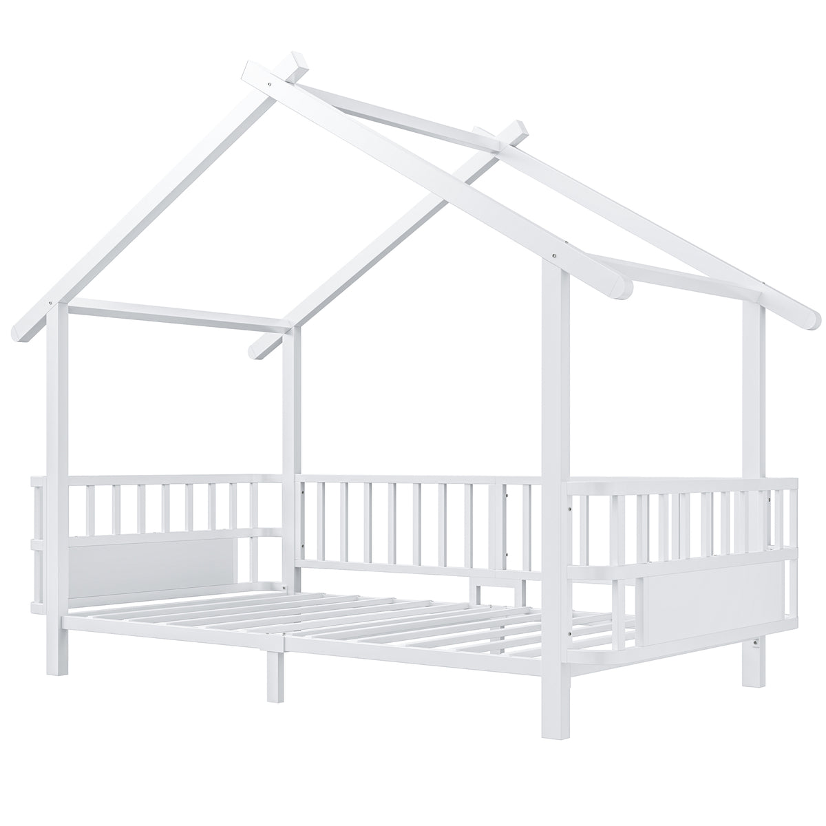 Children's House Bed 90x200cm with Safety Rail, White Metal