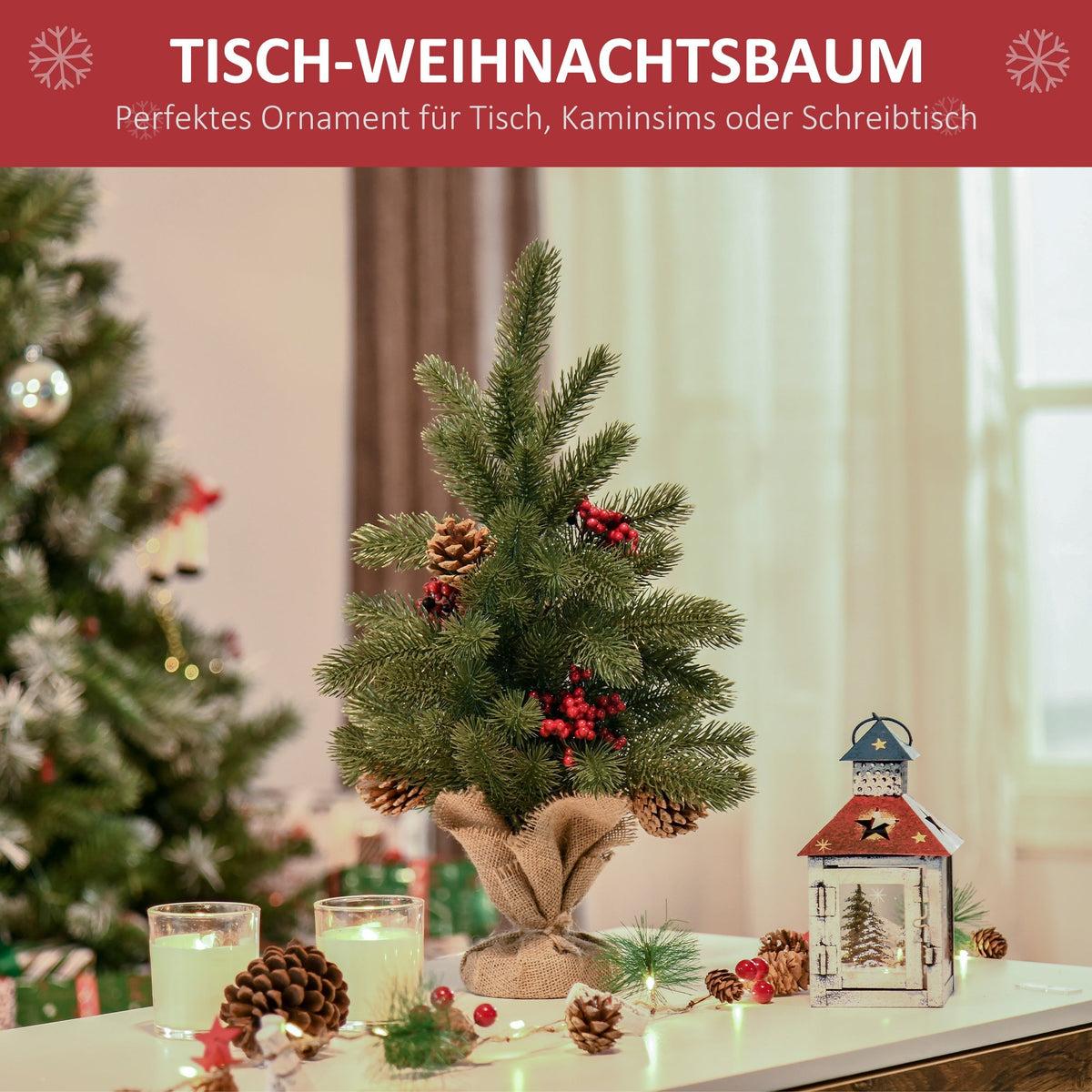 Artificial Christmas Tree 50cm, 55 Branches with Berries & Cones, PE & Cement