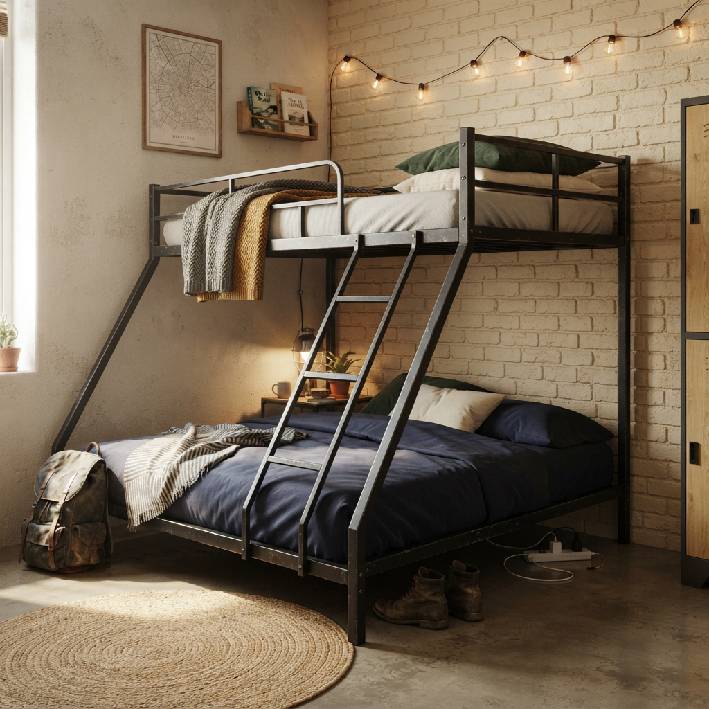 Space-Saving Bed Frame with Two Sleeping Places, Metal