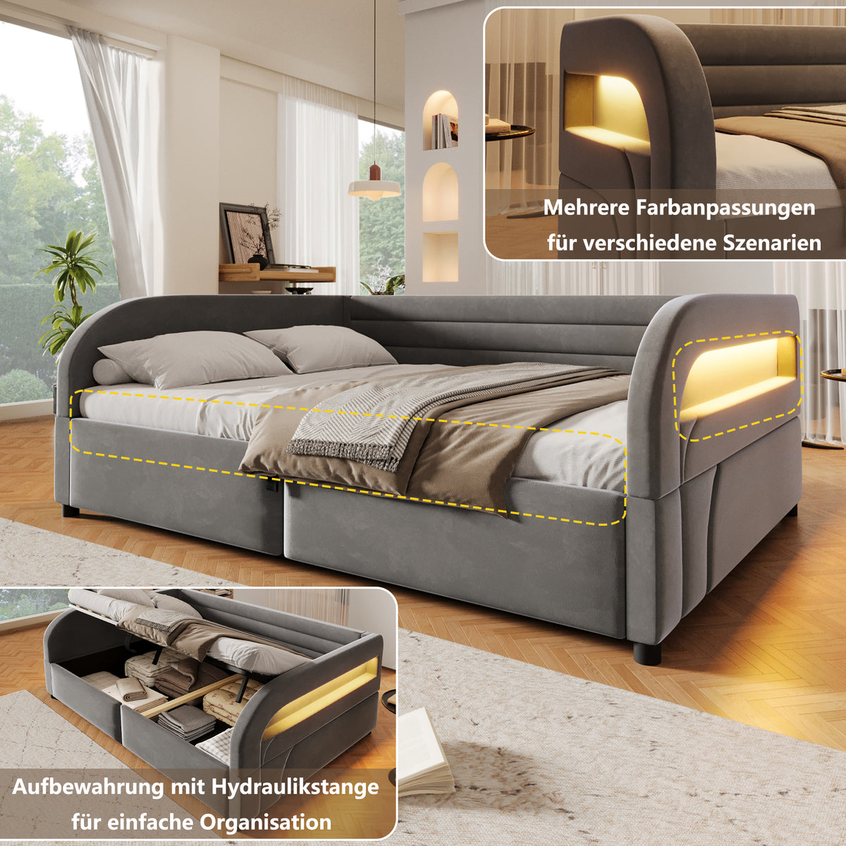 Upholstered Platform Bed 140x200 with Hydraulic Storage & LED, Grey