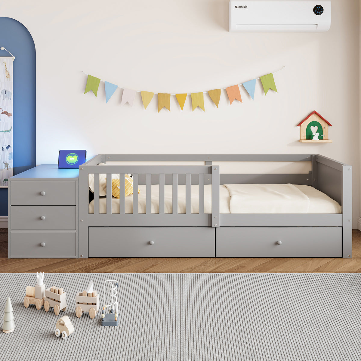 Children's Bed 90x200cm with Desk, LED & Storage Drawers, Grey