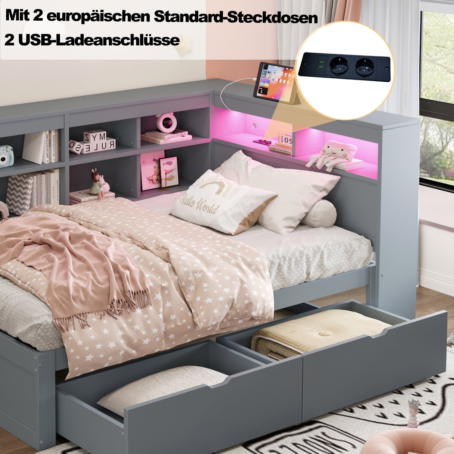 Solid Wood Sofa Bed 90x200cm Multifunctional Storage USB LED Grey