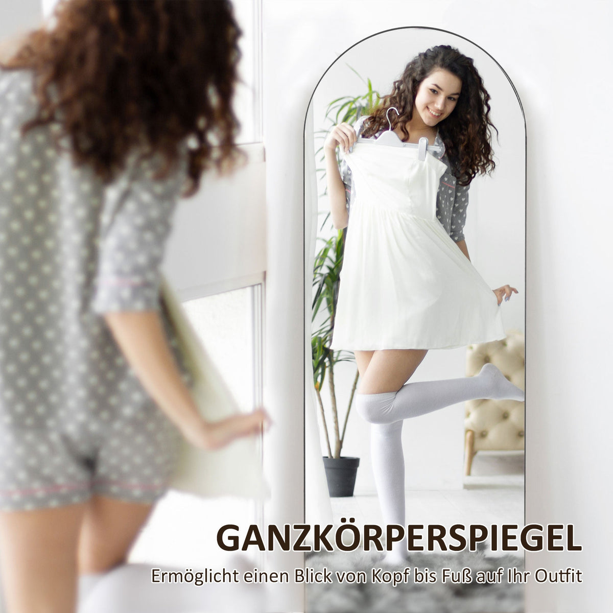 Full-Length Mirror with Stand, Arched Design, Shatterproof, Black