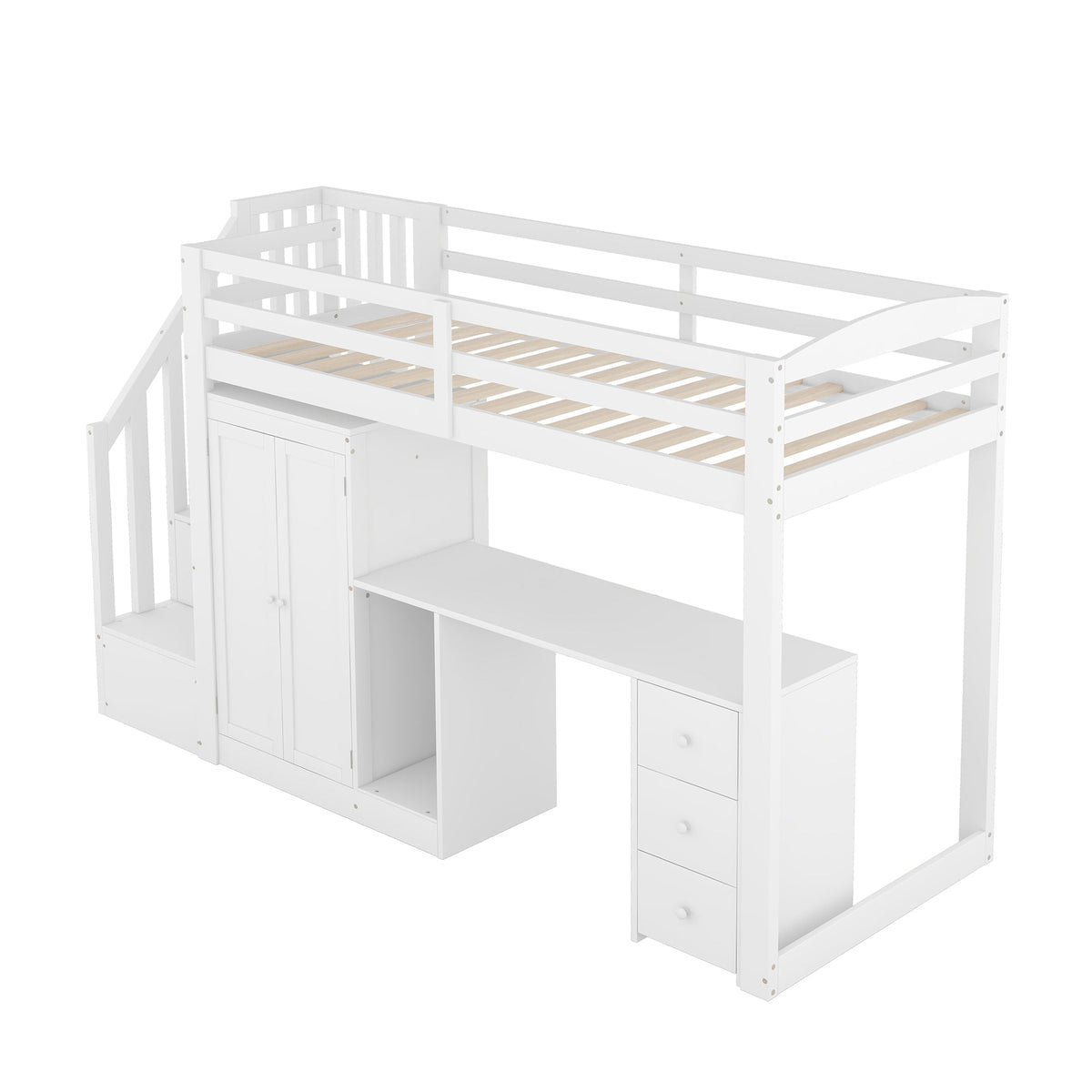 Loft Bed with Wardrobe, Desk, Stairs and Drawers, 90 x 200cm, White