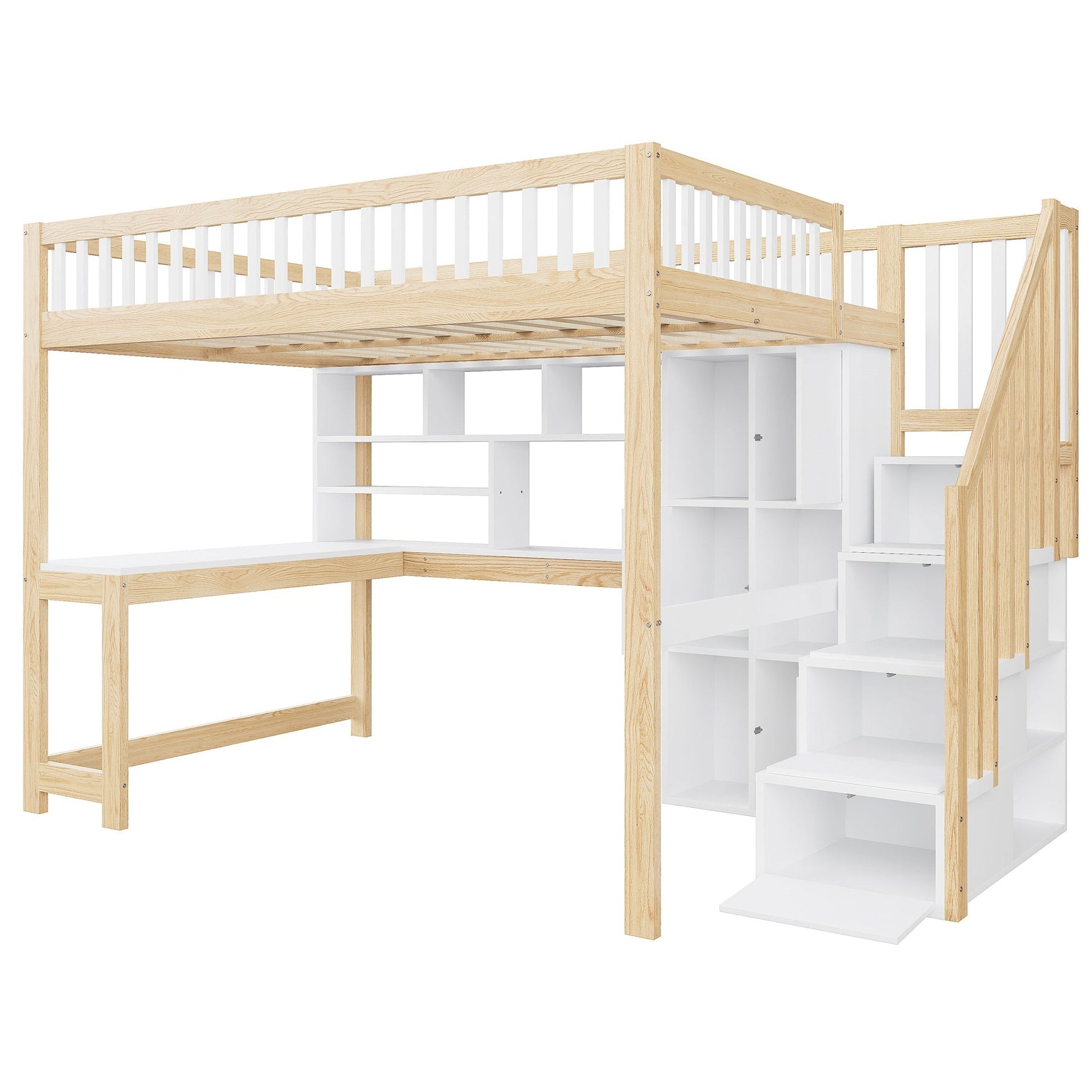 Loft Bed with Desk, LED Lights and Storage Shelves, 140x200cm, White and Natural