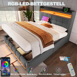 Upholstered Bed 140*200cm, LED & USB, Hydraulic Storage, Linen Fabric Grey