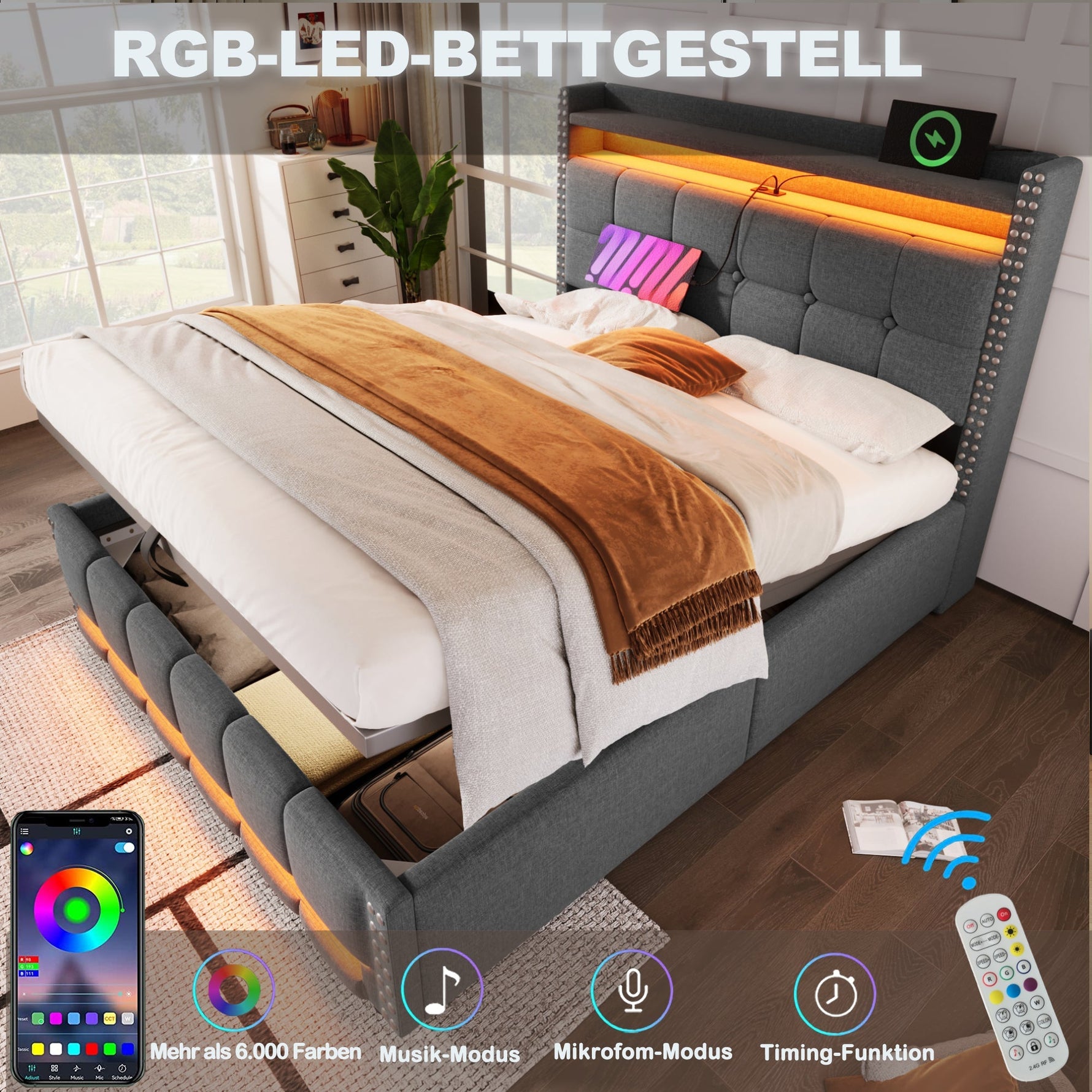 Upholstered Bed 140*200cm, LED & USB, Hydraulic Storage, Linen Fabric Grey