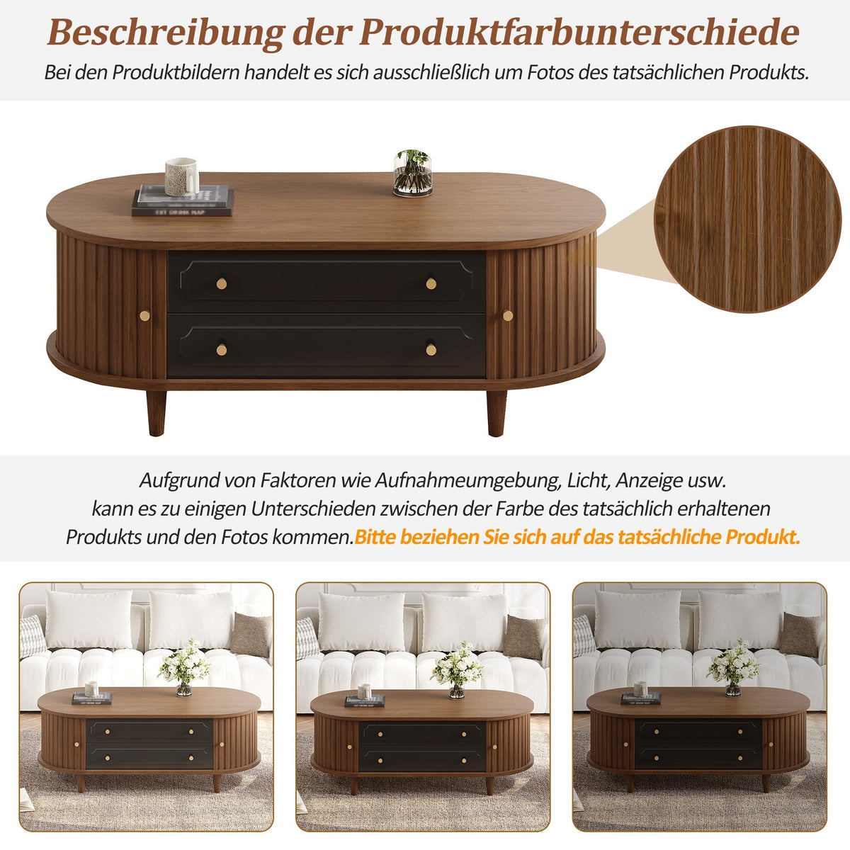 Coffee Table with 2 Drawers and Roll-up Doors, Walnut and Black
