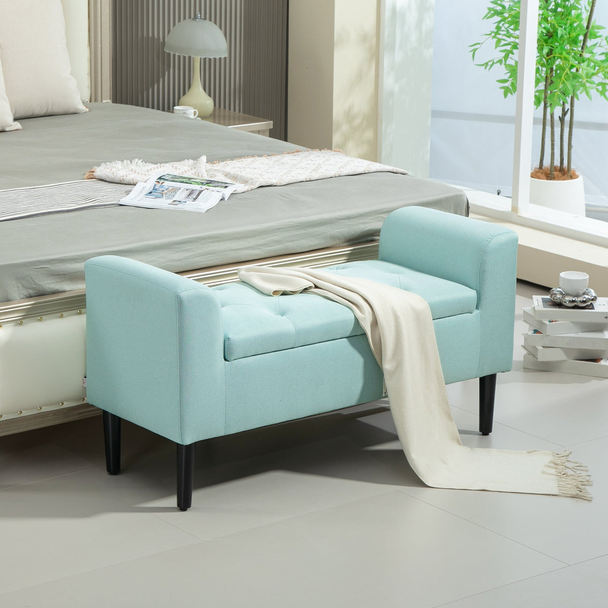 Storage Bench, Upholstered with Storage Box, Linen Look Green