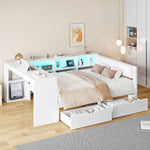 Platform Bed 140x200 with Shelves, Drawers & LED, White Wood