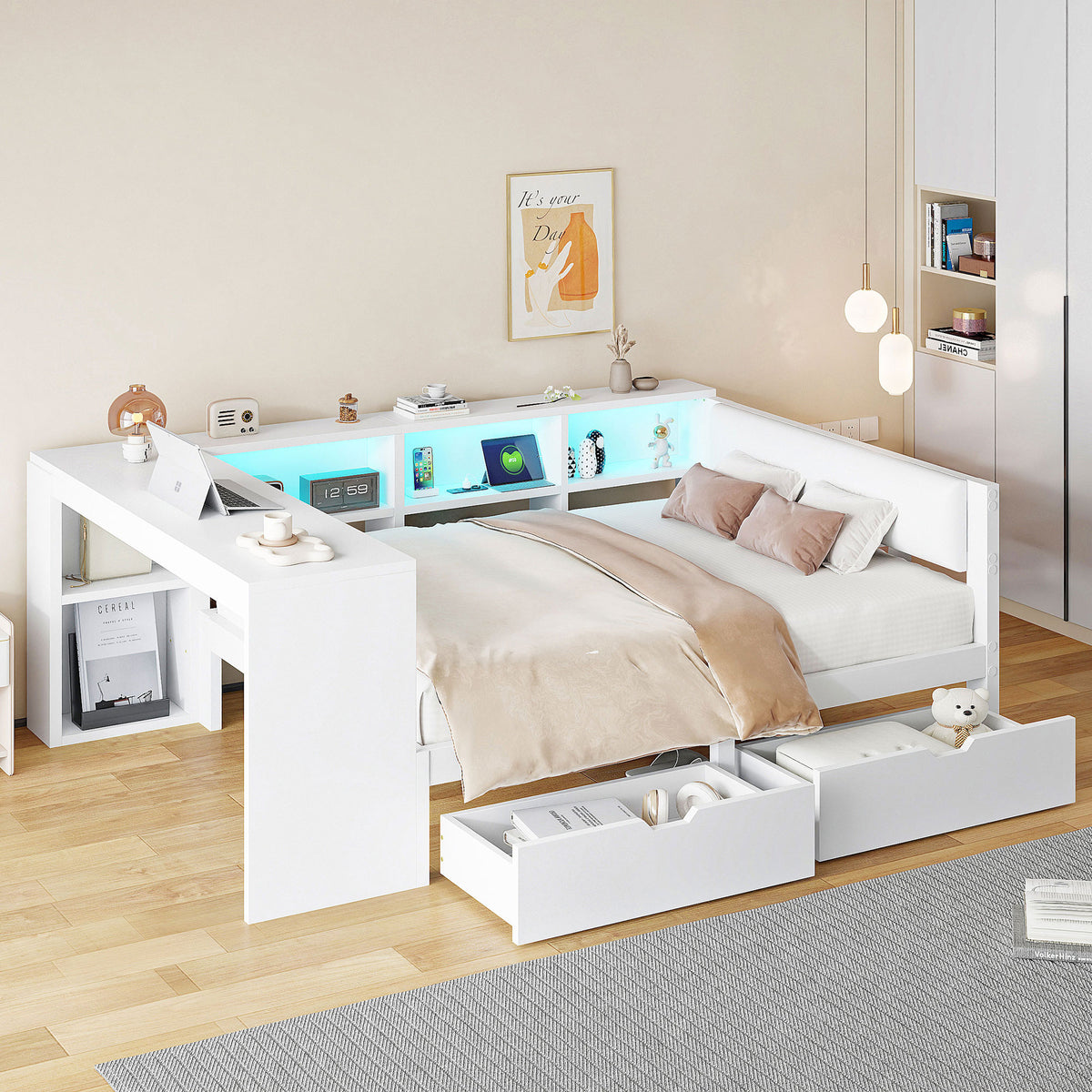 Platform Bed 140x200 with Shelves, Drawers & LED, White Wood