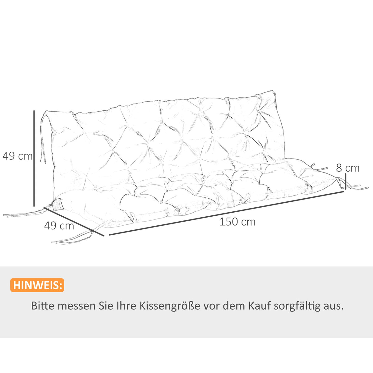 3-Seater Bench Cushion 150x98x8 cm with Ties, Outdoor/Indoor, Light Grey