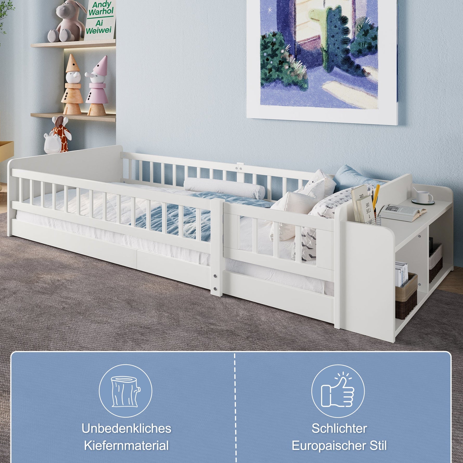Wooden Children's Bed 90x200cm Open Storage Shelves and Case White Pine Wood