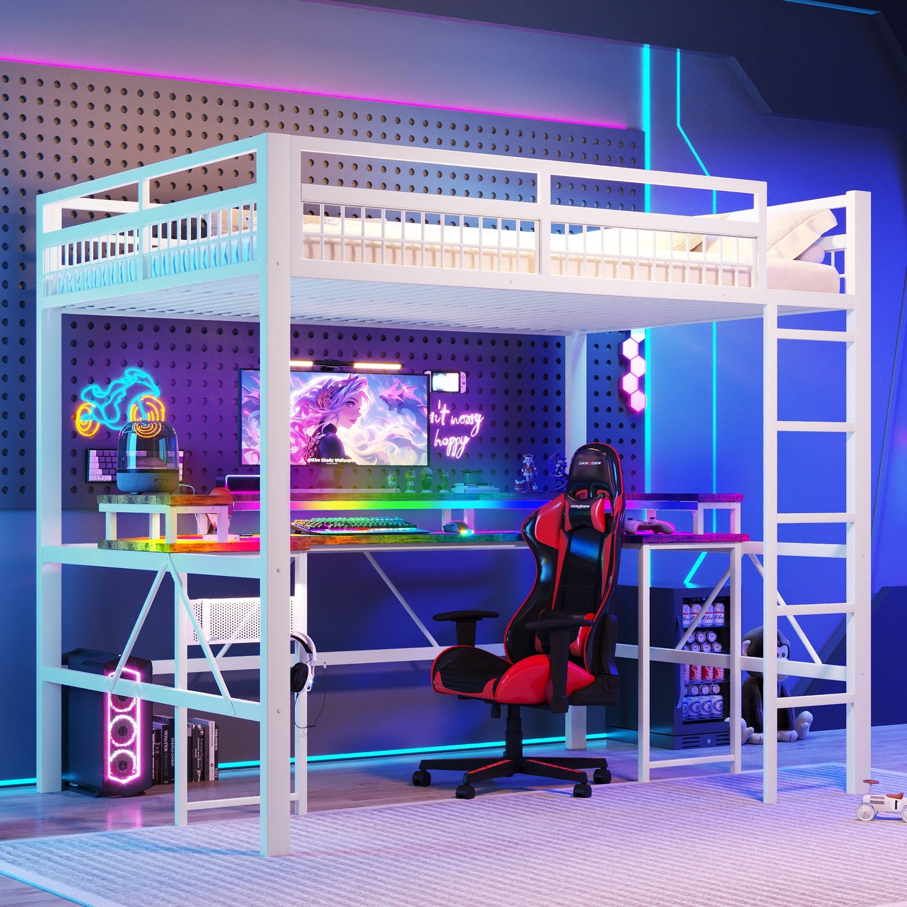 Loft Bed with Desk, LED Light Strip, USB Ports and Pegboard, White Metal Frame