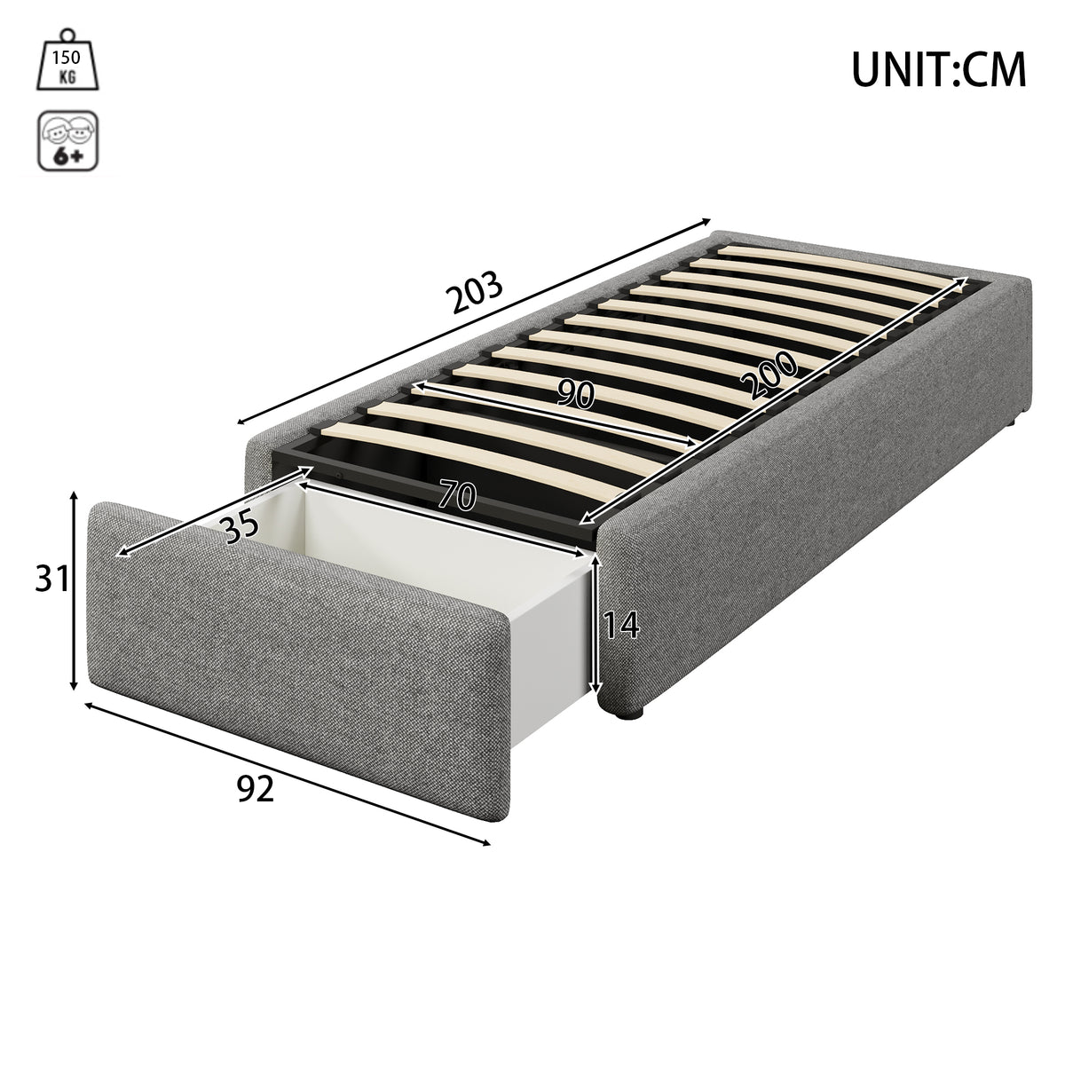 Upholstered Platform Bed 90x200cm Hydraulic Storage & Drawer, Grey