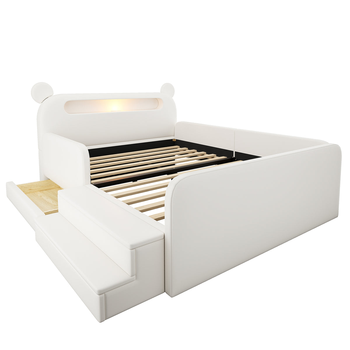 Children's Upholstered Bed 140x200 Bear Headboard White Faux Leather