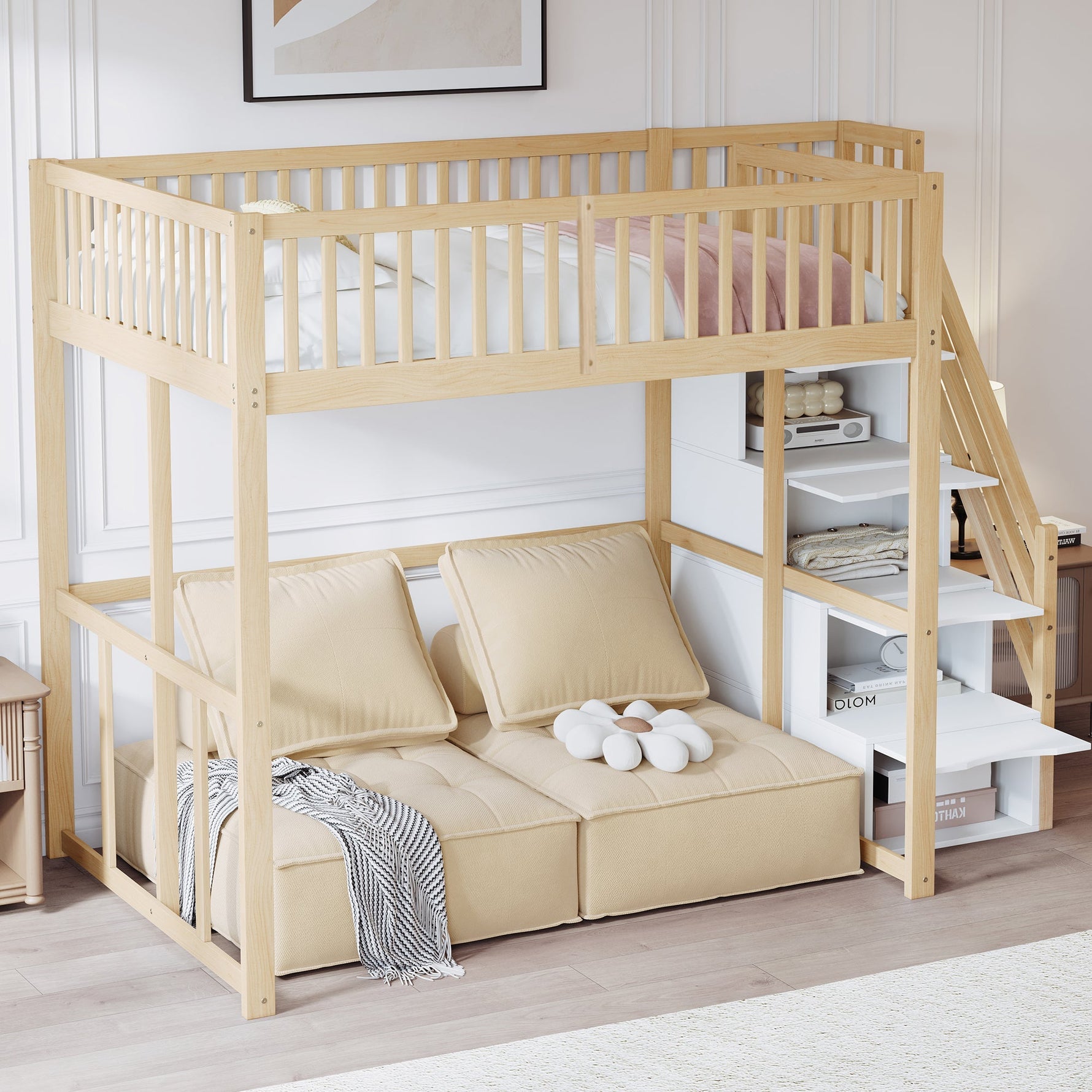 Loft Bed 140x200cm with Safety Ladder Railing & Storage Solid Pine Wood Color