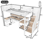 Loft Bed with Desk, LED Light Strip and Storage Staircase, 90 x 200 cm, White Iron Frame