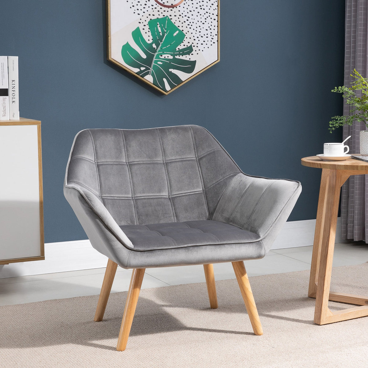 Wingback Chair, Single Recliner with Raised Legs, Velvet Grey