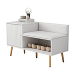 modern luxurious shoe chest with storage, upholstered bench, backrest, metal handles and legs, white