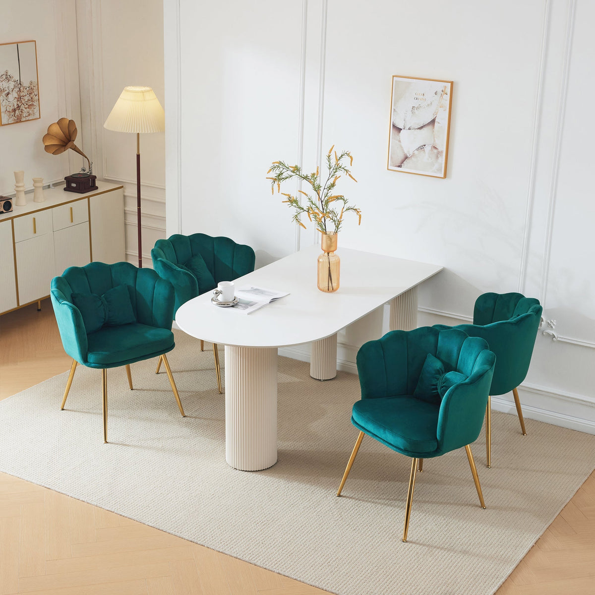 Velvet Chairs, Set of 4 Modern Upholstered with Petal Backs, Gold Metal Legs