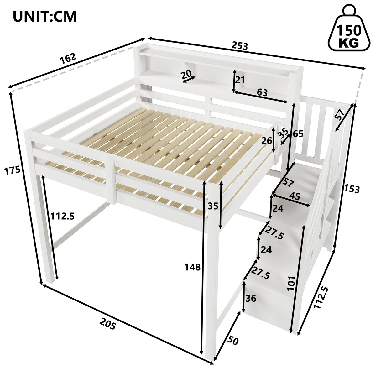Loft Bed 140x200cm with LED Lights & Storage Ladder, White