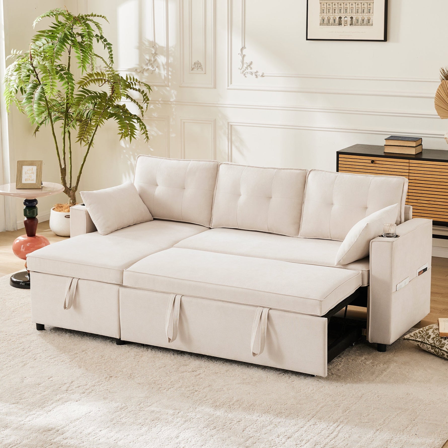 Sofa Bed L-Shaped Sleeping Function Storage Cup Holder Upholstered