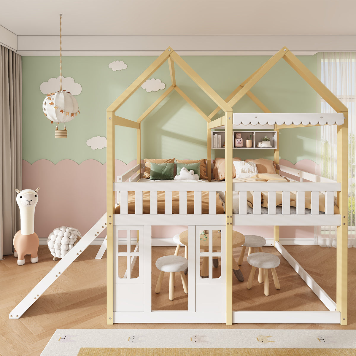 Children's House Loft Bed 90x200cm with Slide, White & Natural Wood