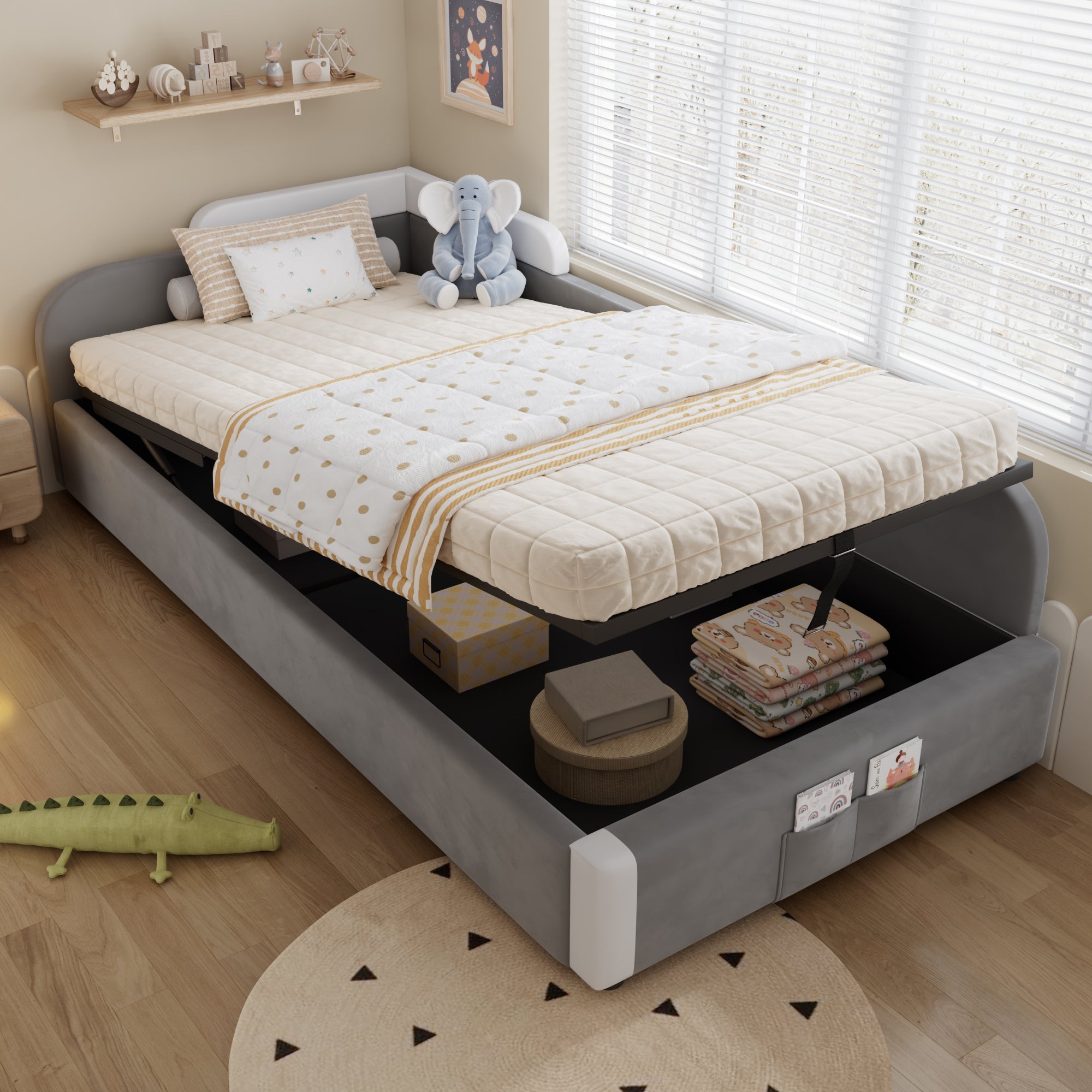 Hydraulic Bed, Storage Space, Raised Soft Fence, Velvet + Plywood, Grey