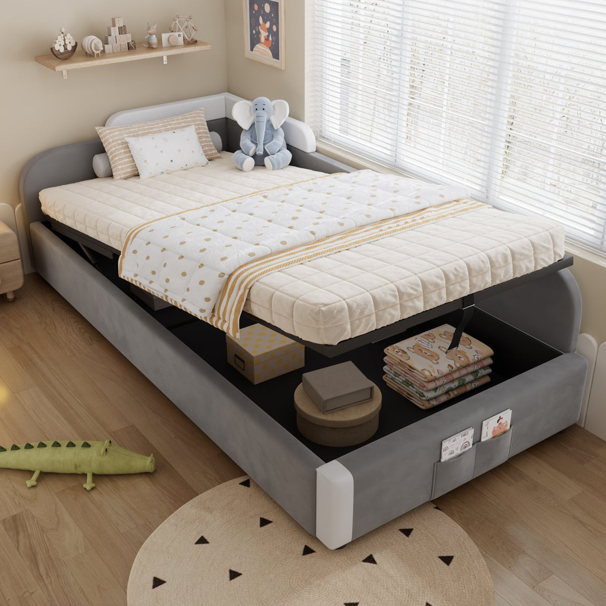 Hydraulic Bed, Storage Space, Raised Soft Fence, Velvet + Plywood, Grey