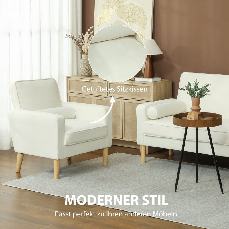 Upholstered Armchair, Reclining Backrest, Rubber Wood, Cream White