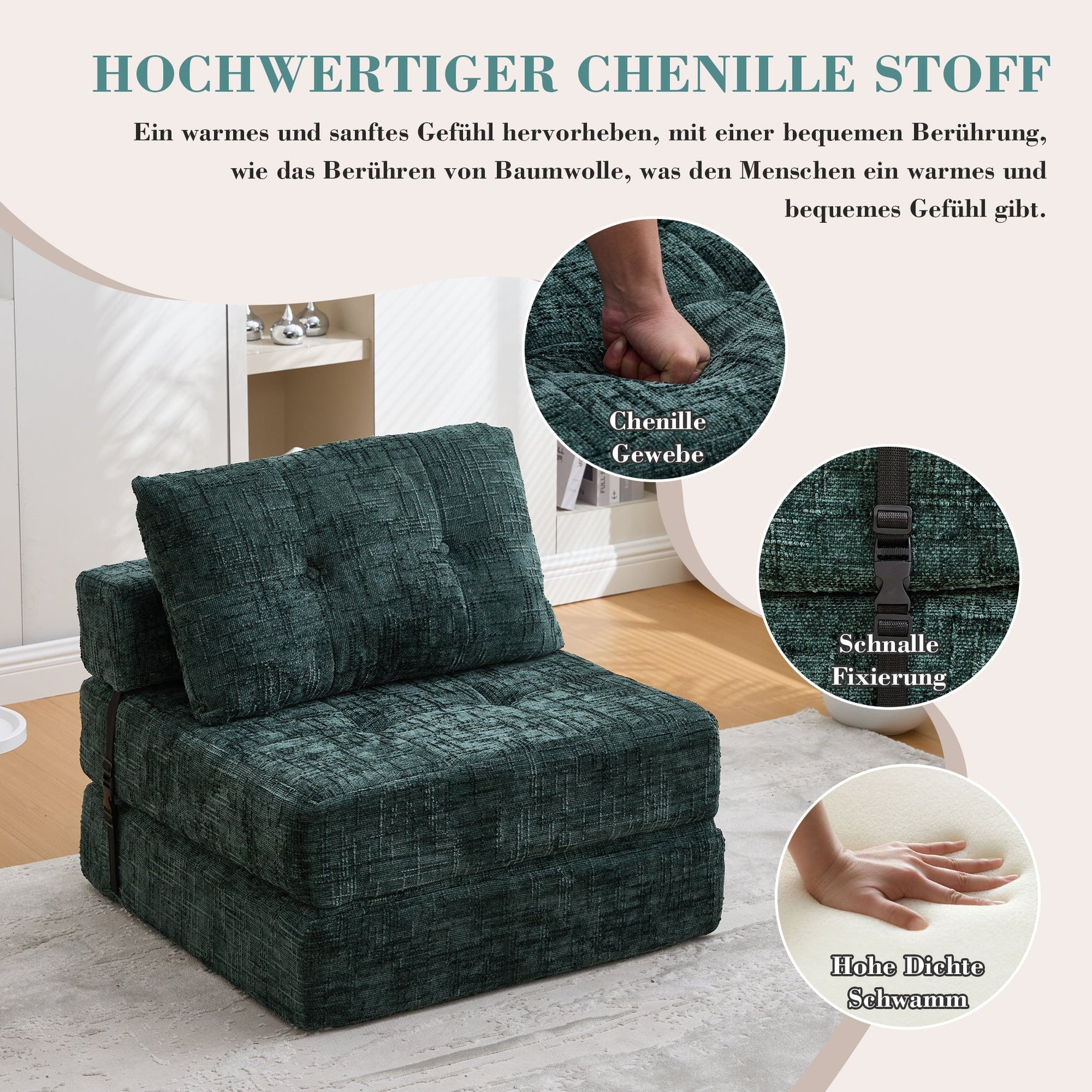 Folding Sofa Bed with Pillows, Foldable Mattress & Backrest, Portable Floor Sofa