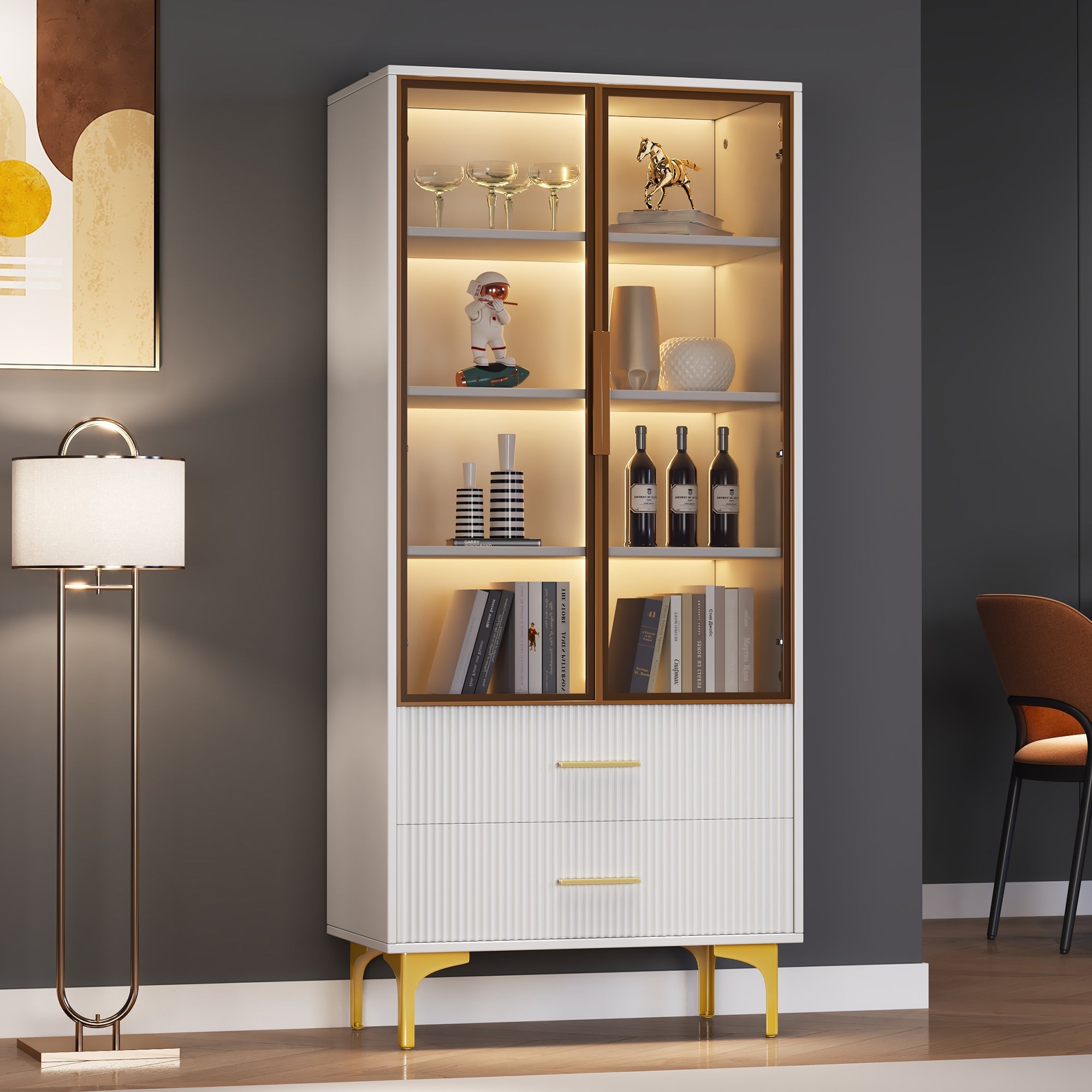 Glass Display Cabinet, 2-Door LED Lighted Tall Storage with Movable Shelves, Golden Legs