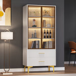 Glass Display Cabinet, 2-Door LED Lighted Tall Storage with Movable Shelves, Golden Legs