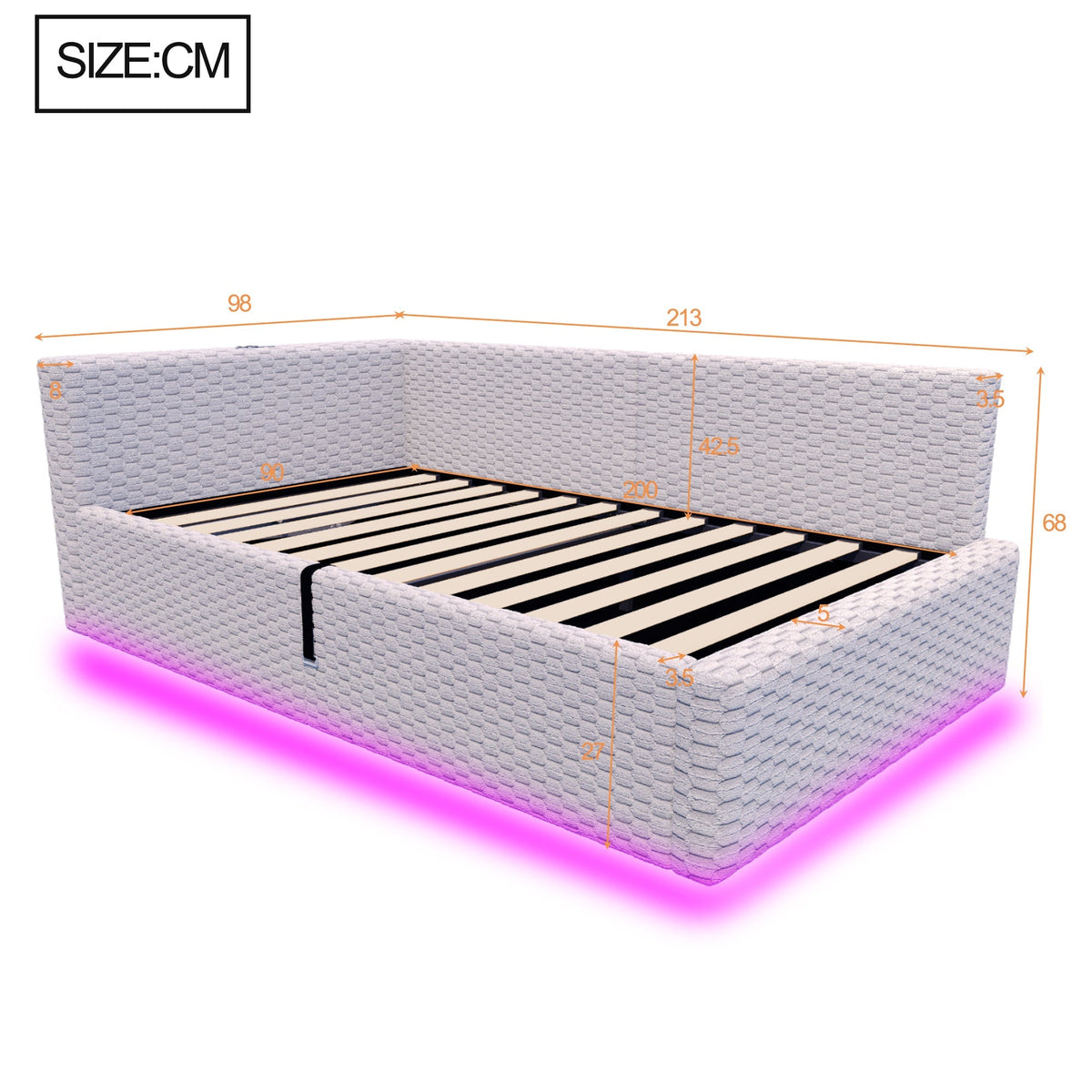 Upholstered Bed with LED, USB, Type-C and Hydraulic Storage, 90x200cm, Grey Velvet