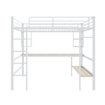 Loft Bed 140x200cm Frame with Desk & Shelves, White Metal