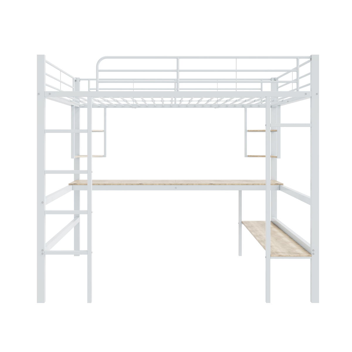 Loft Bed 140x200cm Frame with Desk & Shelves, White Metal