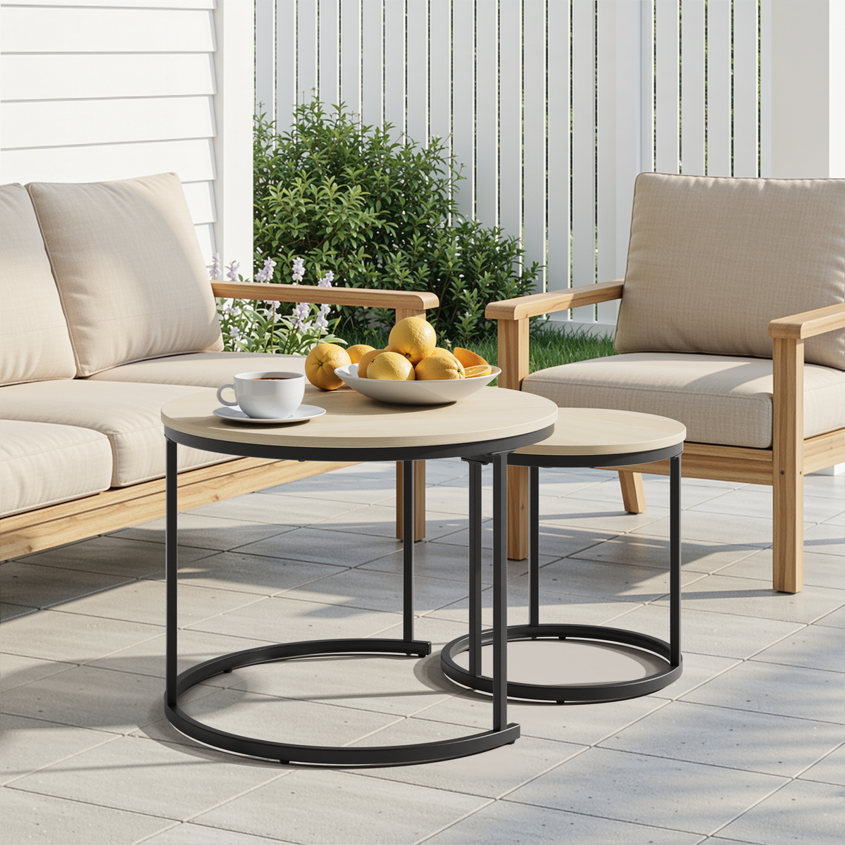 Nesting Coffee Table Set, 2-Piece Round 60cm Modern Design, Oak Veneer and Metal