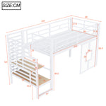 Loft Bed 90x200cm with Stairs, Storage & LED Light, White Metal