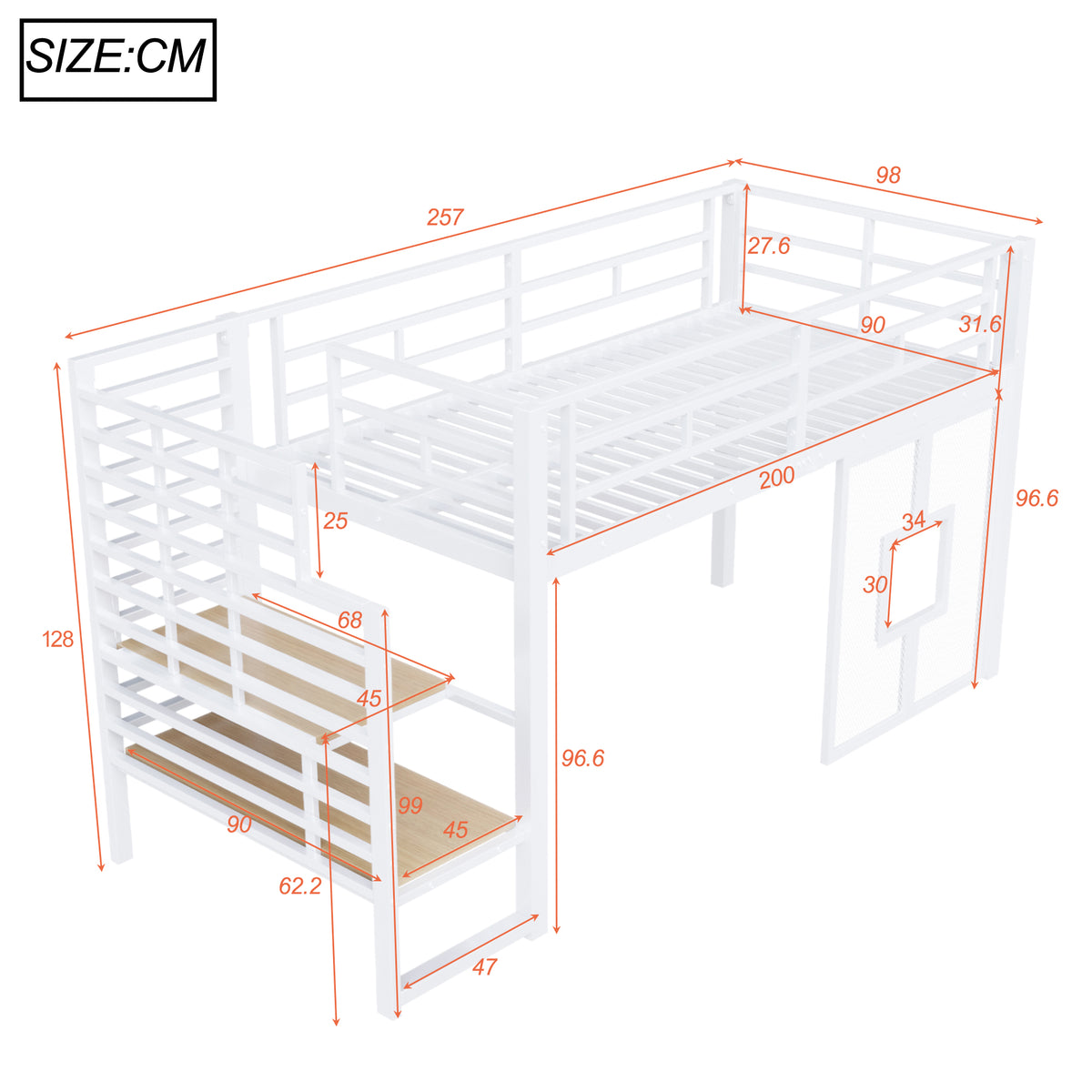 Loft Bed 90x200cm with Stairs, Storage & LED Light, White Metal