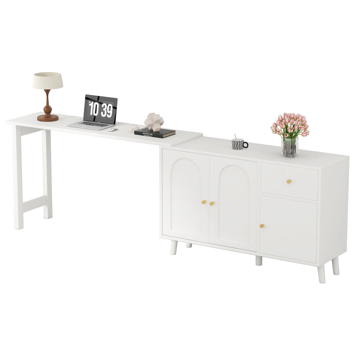 Desk & Sideboard, 2-in-1 360° Rotatable with 3 Doors & 1 Drawer
