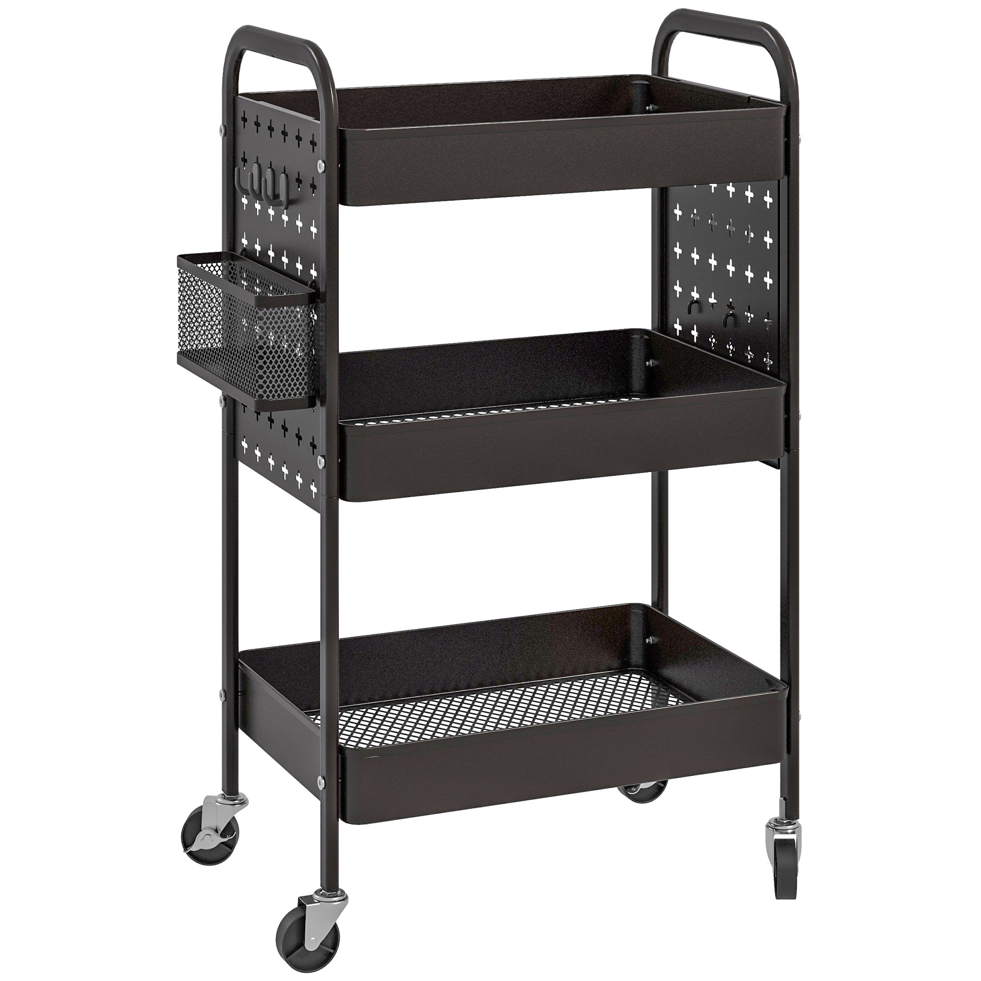 Rolling Serving Cart, 3 Tiers, 2 Hanging Baskets, Kitchen, Steel Black