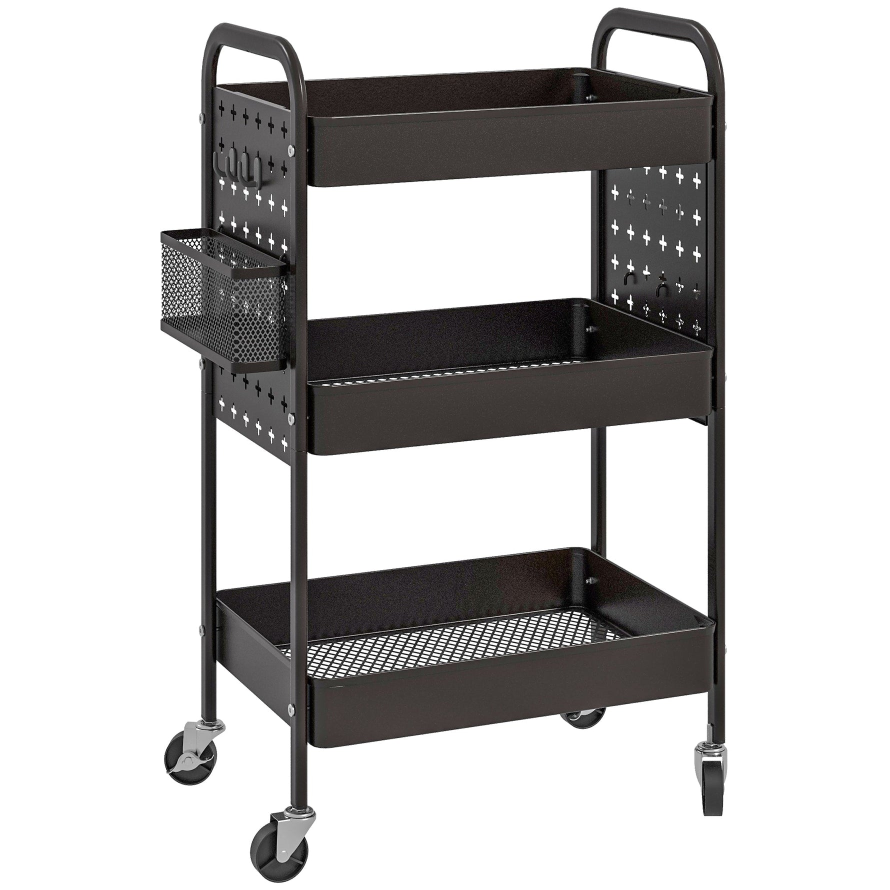 Rolling Serving Cart, 3 Tiers, 2 Hanging Baskets, Kitchen, Steel Black