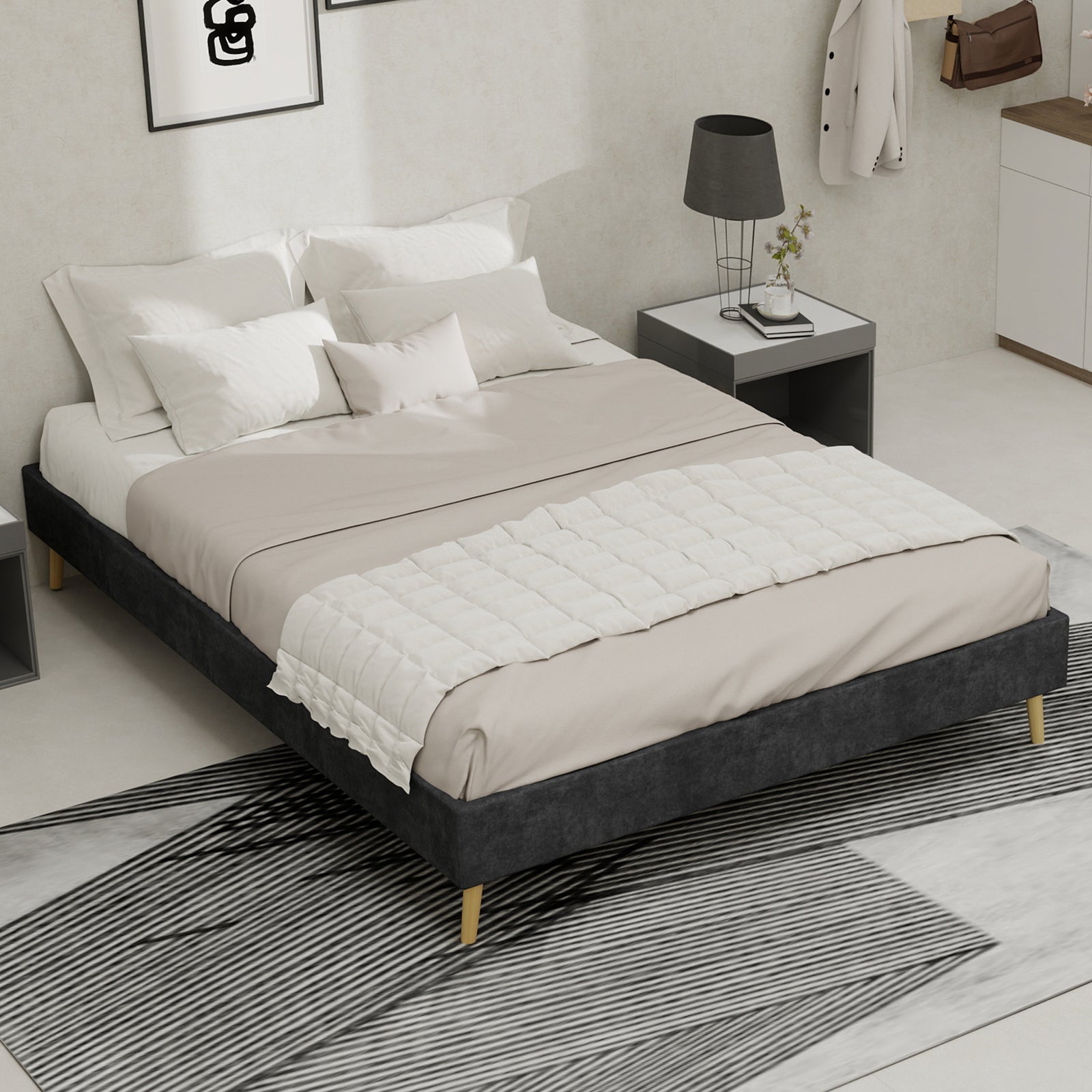 Modern Minimalist Bed Frame 140x200cm Low-Profile Base Grey Dutch Velvet
