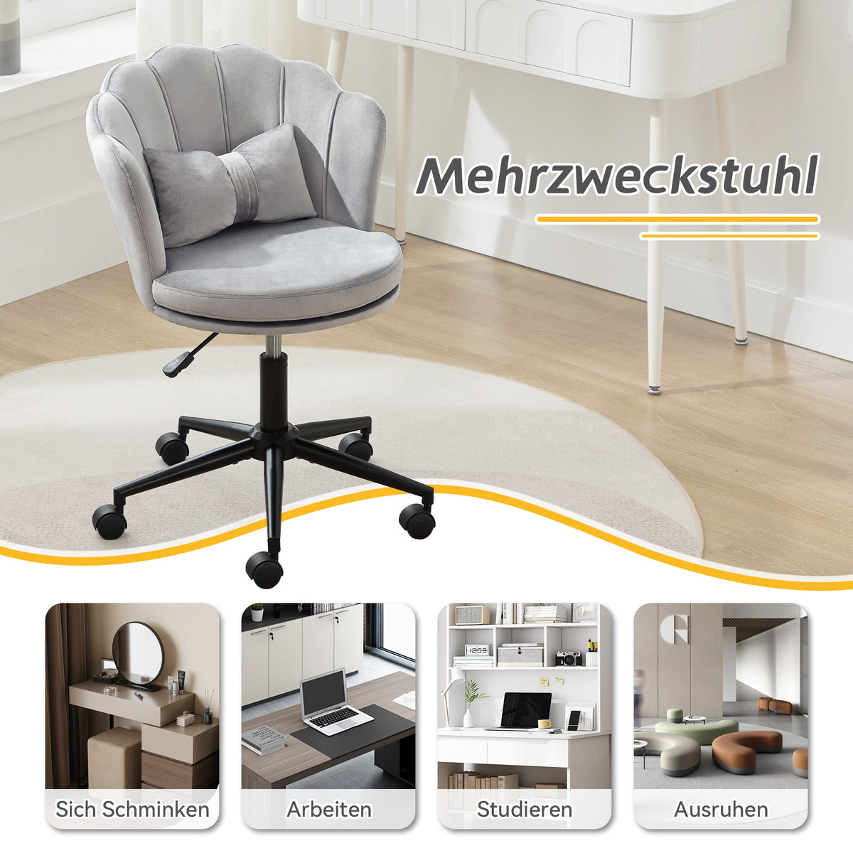 Dressing/Office Chair, Petal Backrest Butterfly Lumbar Cushion Height Adjustable, Soft Seat Cushion